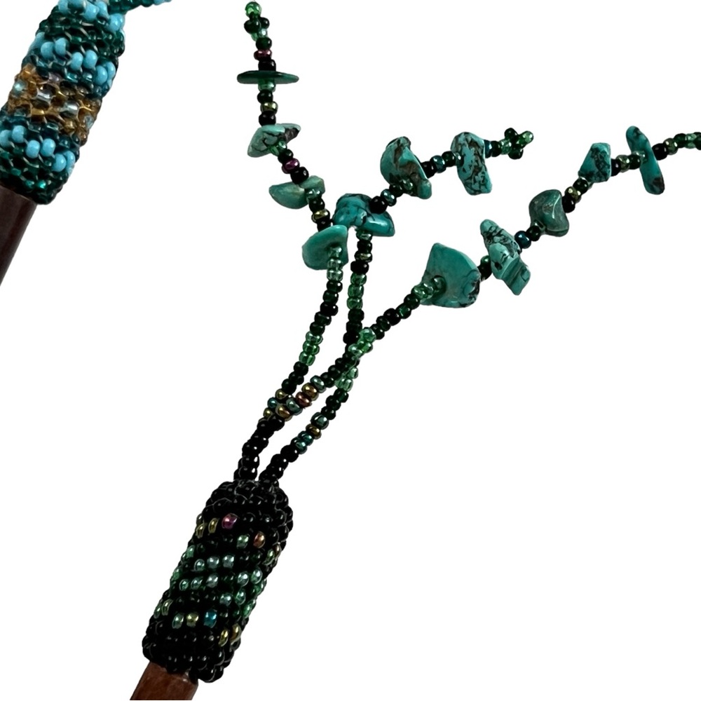 3 Japanese-style Hair Sticks - Wood sticks with Beading and Turquoise Tassels - Picture 3 of 7